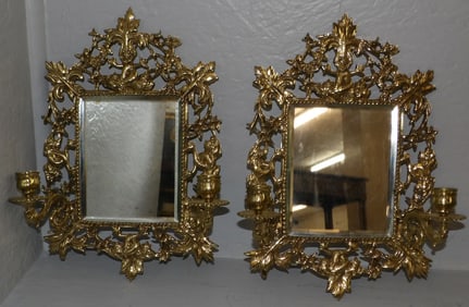 Pair of Cast Brass & Bevel Mirror Sconces with Dolphin Motif