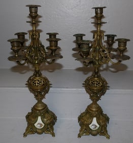 Pair of Brass & Hand Painted Porcelain Insert Five Light Candelabras