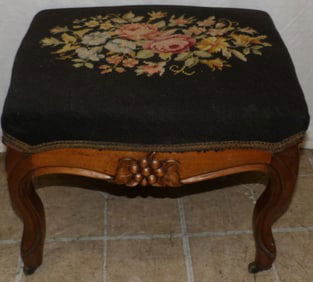 Carved Walnut & Needlepoint Top Victorian Stool