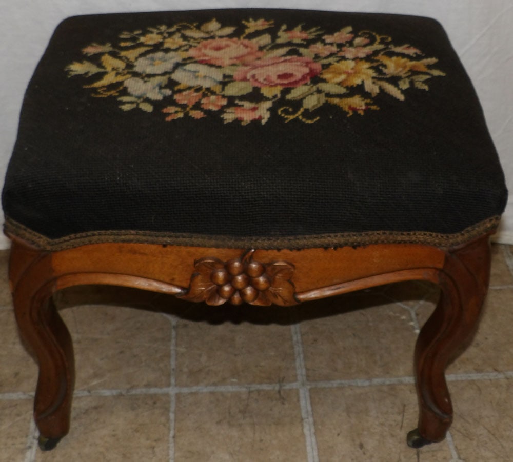 Carved Walnut & Needlepoint Top Victorian Stool (1 of 4)