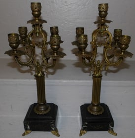 Pair of Brass & Marble Base Five Light Candelabras