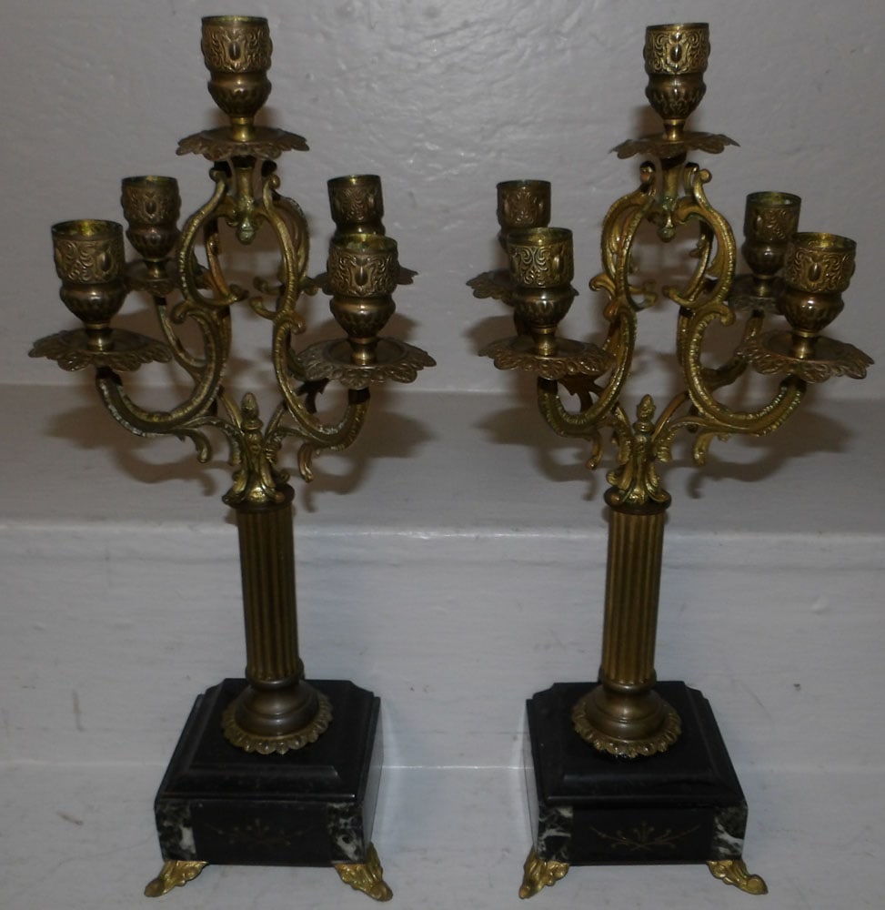Pair of Brass & Marble Base Five Light Candelabras (1 of 5)