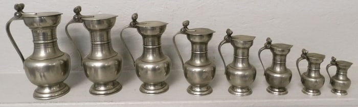 Lot of Graduated Pewter Measures with Acorn Lid Morif