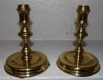 Pair of Round Base Brass Candlesticks by Virginia Metalcrafters