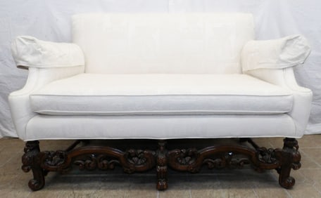 Antique Carved Walnut & Upholstered Eagle Stretcher Base Loveseat