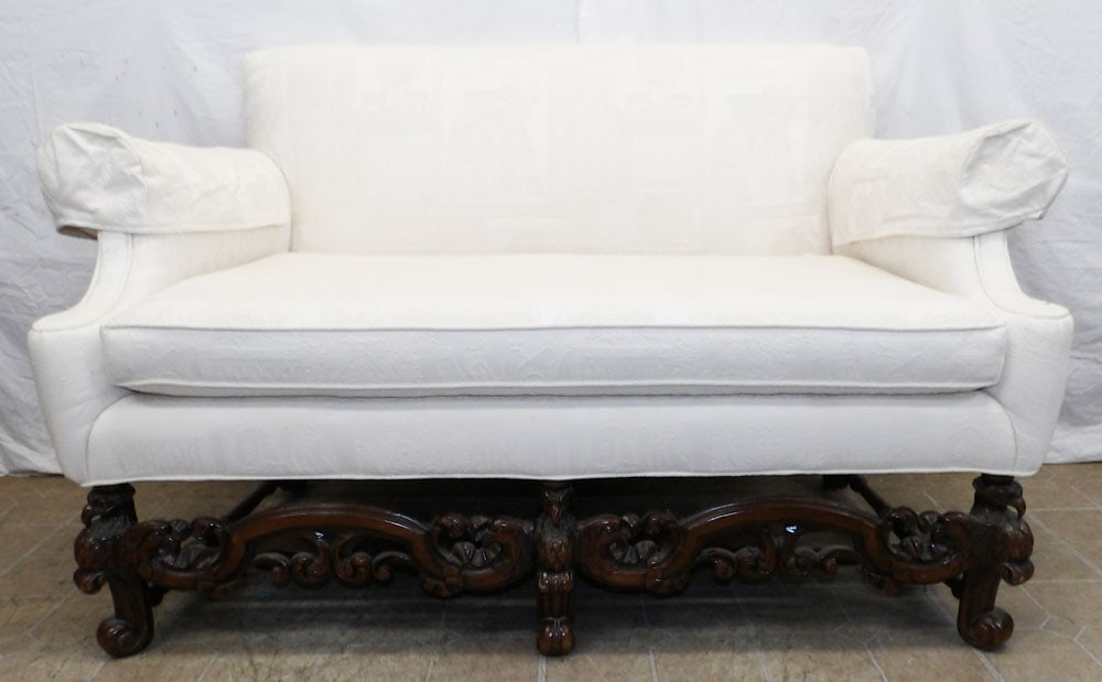 Antique Carved Walnut & Upholstered Eagle Stretcher Base Loveseat: Antique Carved Walnut & Upholstered Eagle Stretcher Base Loveseat. 34" H 55" W 32" D