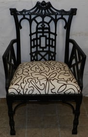 Black Lacquered Carved Wood & Faux Bamboo Chinese Chippendale Open Work Arm Chair