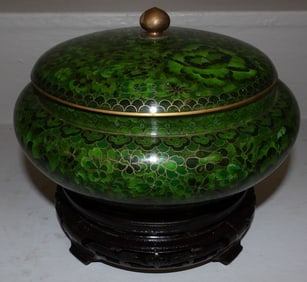 Cloisonne Covered Jar on Teakwood Stand