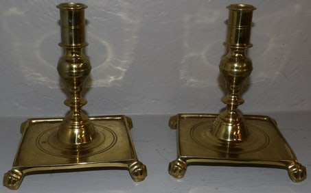 Pair of Brass Square Base Candlesticks by Virginia Metalcrafters