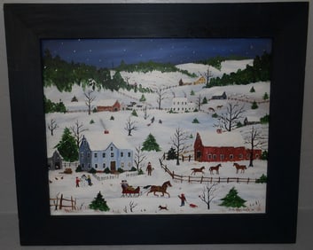 Framed Painted Folk Art Panel of a Winter Scene Artist Signed