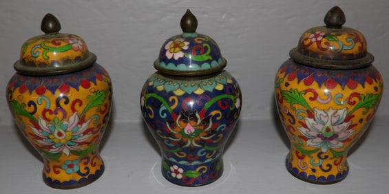 Three Oriental Bronze & Enamel Decorated Urns Signed with Character Marks