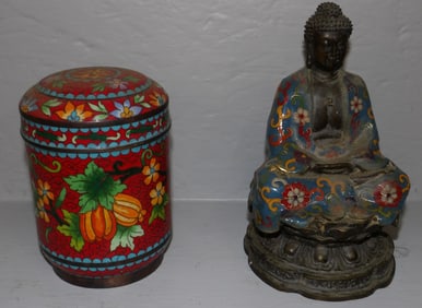 Cloisonne Covered Jar & Bronze Enamel Decorated Buddha