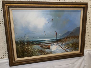 Framed Oil on Canvas Beach Scene Artist Signed