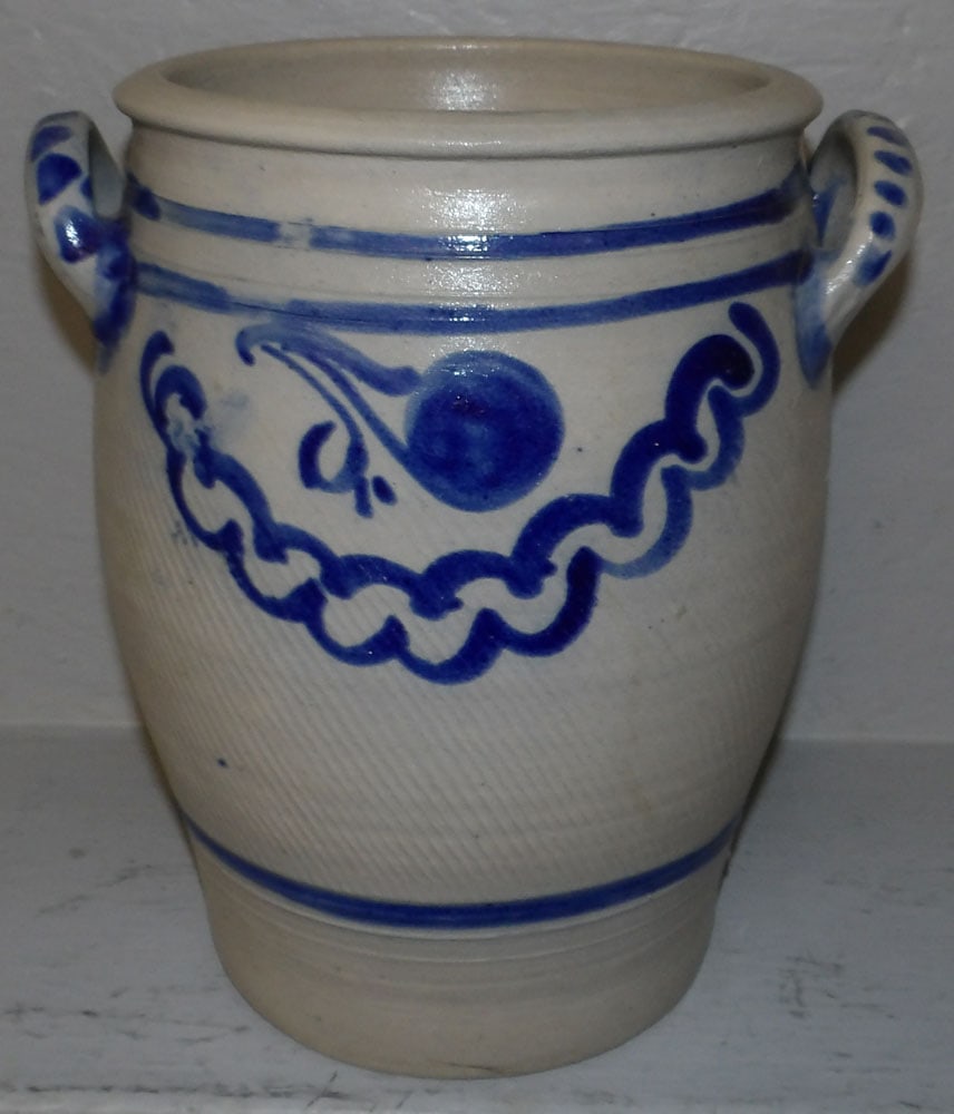 Blue Decorated Stoneware Crock: Blue Decorated Stoneware Crock . 11 1/2" H 10 1/2" Dia.