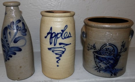 Two Small Rowe Pottery Crocks & Rowe Stoneware Bottle