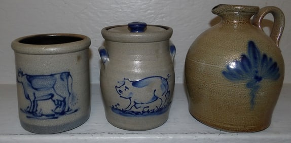 Rowe Pottery Jug, Rowe Crock with Cow Motif, & Rowe Crock with Lid