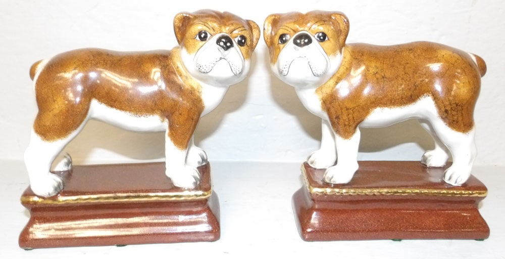 Pair of Painted Porcelain Bull Dog Bookends (1 of 3)