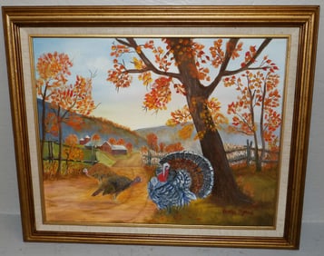 Framed Oil on Canvas of an Autumn Farm Scene with Turkeys Artist Signed