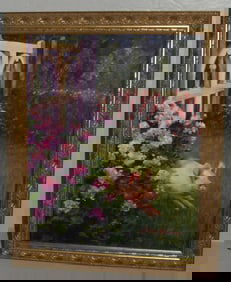 Framed Oil on Board of a Happy Pig in Floral Spring Garden Artist Signed