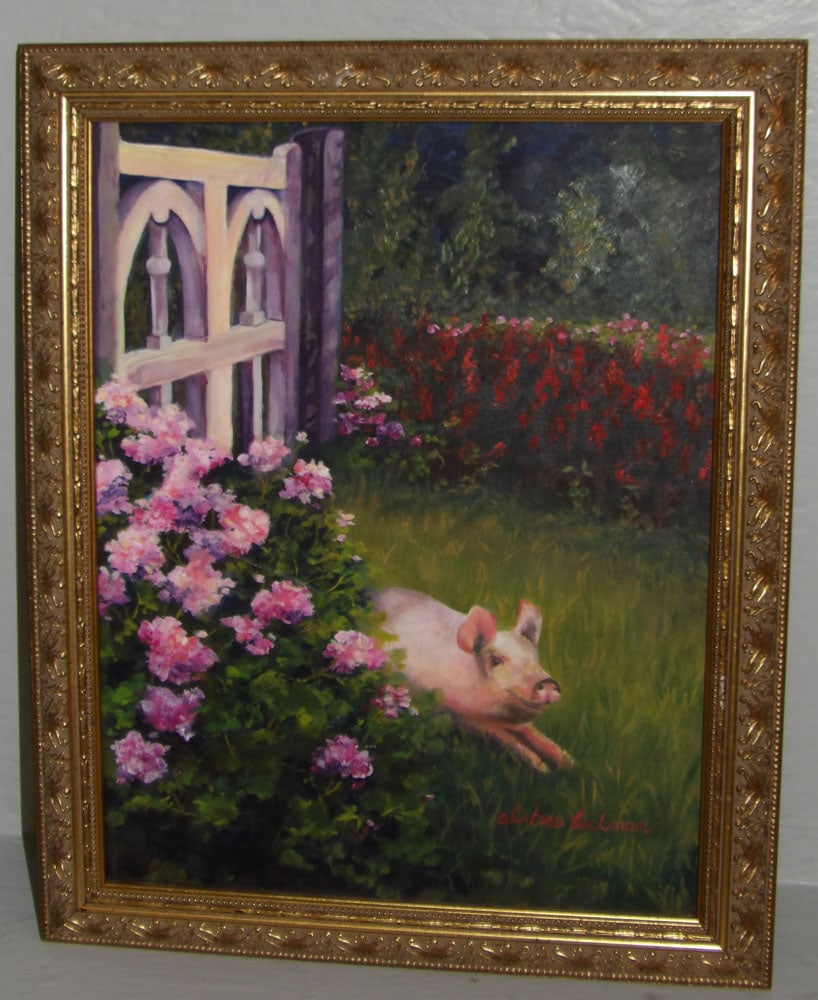Framed Oil on Board of a Happy Pig in Floral Spring Garden Artist Signed: Framed Oil on Board of a Happy Pig in Floral Spring Garden Artist Signed . 13" x 16"