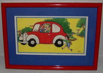 Vintage Framed European Humorous Cartoon Painting Signed by Trow