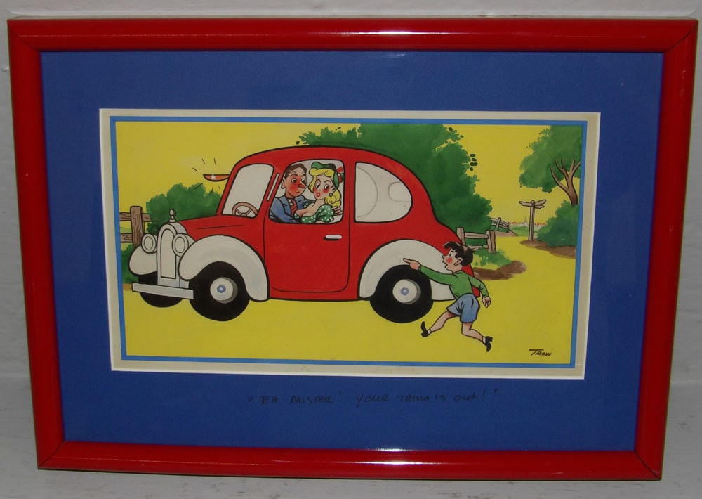Vintage Framed European Humorous Cartoon Painting Signed by Trow (1 of 5)