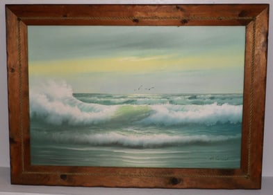 Large Oil on Canvas of Crashing Waves in Rustic Pine Frame Artist Signed