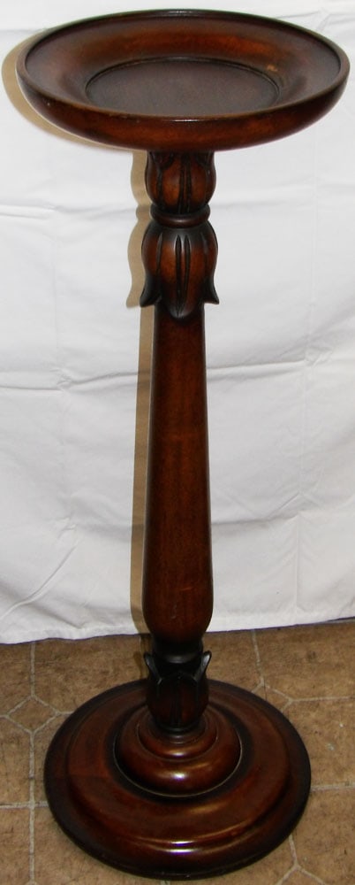 Carved Mahogany Shallow Bowl Form Top Pedestal by Bombay: Carved Mahogany Shallow Bowl Form Top Pedestal by Bombay. 36" H 11 1/2" Dia.