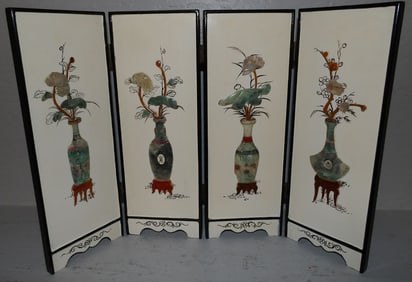 Oriental Painted & Carved Soapstone Four Panel Diminutive Screen
