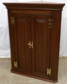 Mahogany Bench Made Paneled Door Hanging Corner Cabinet Signed by Local Cabinet Maker