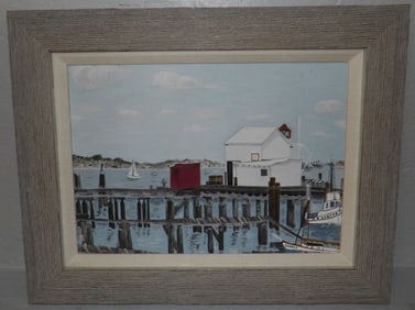 Framed Oil on Board Boat Dock Scene with Provenance Dated 1944
