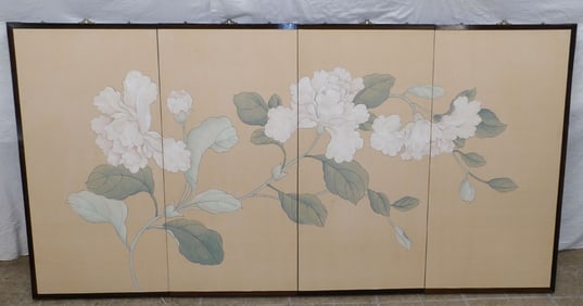Oriental Four Panel Watercolor on Silk Hanging Screen