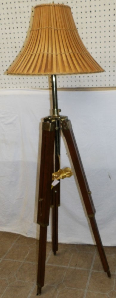 Brass & Walnut Nautical Tripod Floor Lamp with Bamboo Shade (1 of 4)