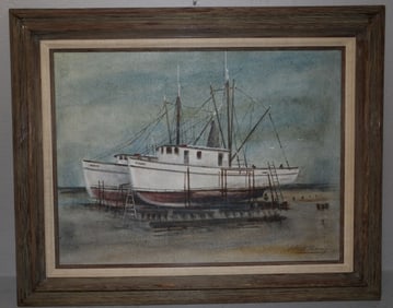 Framed Oil on Canvas Boat Dock Scene Artist Signed