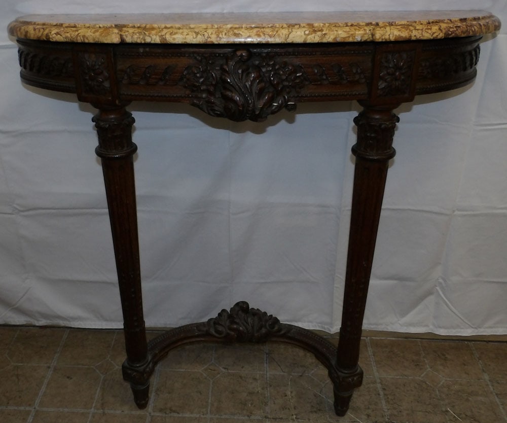 19th Century Carved Oak & Marble Top Demilune Console: 19th Century Carved Oak & Marble Top Demilune Console . 38 1/2" H 41 1/2" W 14" D