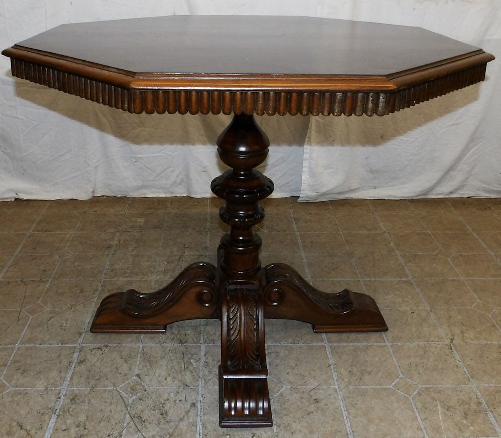 Antique Octagonal Burl Walnut Carved Wood Pedestal Center Table (1 of 4)
