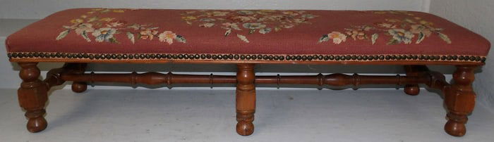 Antique Walnut Stretcher Base Needlepoint Top Bench