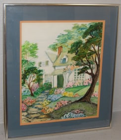 Framed Watercolor of a Cottage Home Floral Landscape in Spring