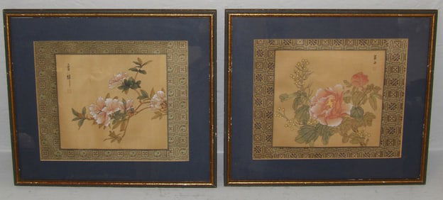 Pair of Framed Chinese Watercolors on Silk Signed with Character Marks