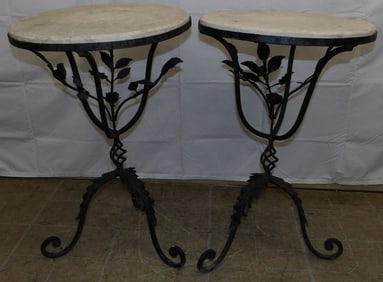 Pair of Wrought Iron Round Stands with Marble Top