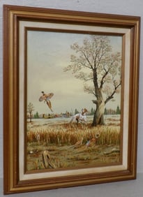 Framed Oil on Canvas of Hunting Dog & Pheasants Artist Signed