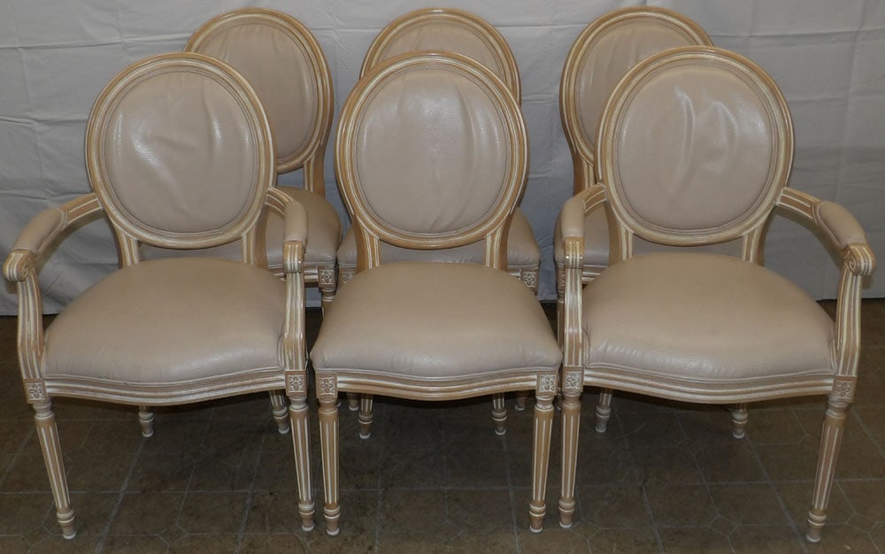 Set of Six Elmwood & Leather Upholstered Louis XVI Style Dining Chairs: Set of Six Elmwood & Leather Upholstered Louis XVI Style Dining Chairs . 37 3/4" H 23" W 20" D