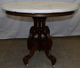 Antique Walnut Victorian Oval Marble Top Lamp Table