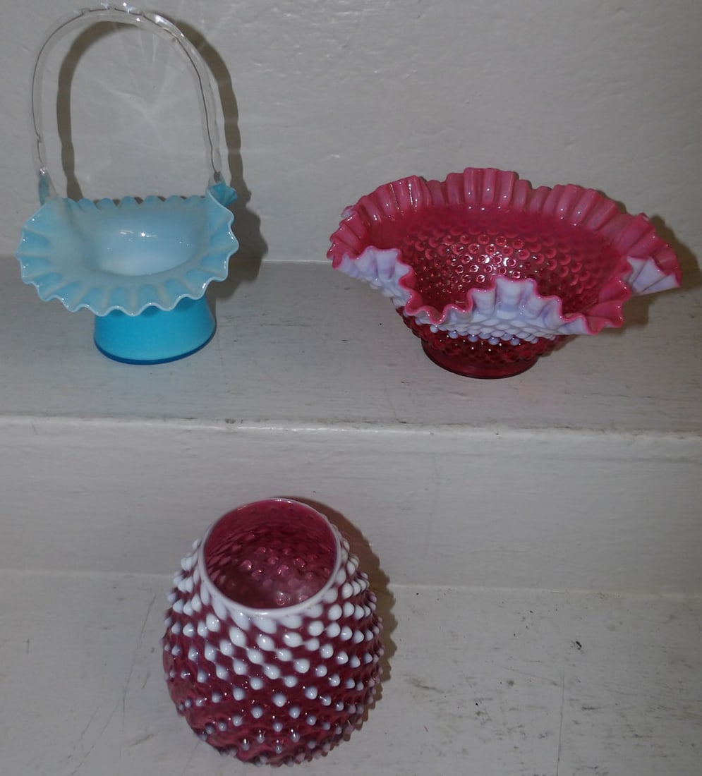 Two Pieces of Cranberry Hobnail & Fenton Basket (1 of 5)