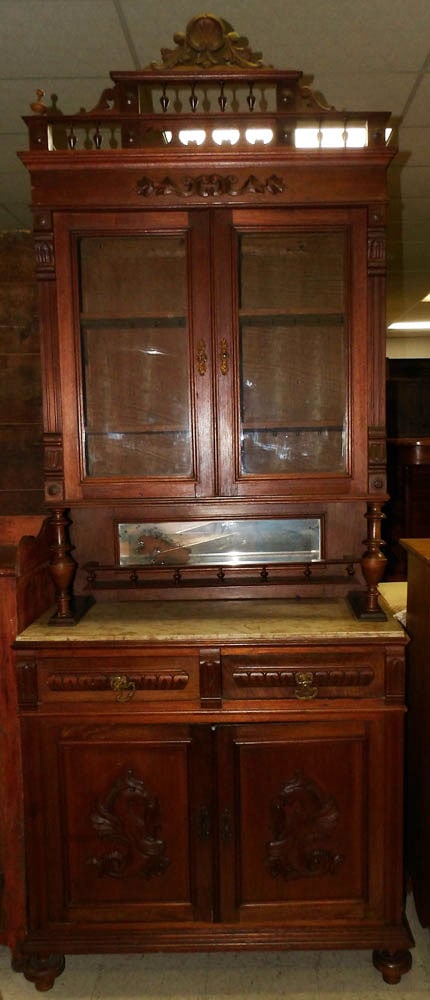19th Century Walnut Three Piece Marble Top Cabinet with Glass Doors: 19th Century Walnut Three Piece Marble Top Cabinet with Glass Doors . 101" H 41" W 18 1/2" D