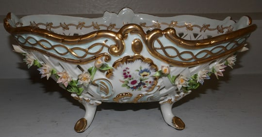 Large Hand Painted Open Work Porcelain Footed Bowl