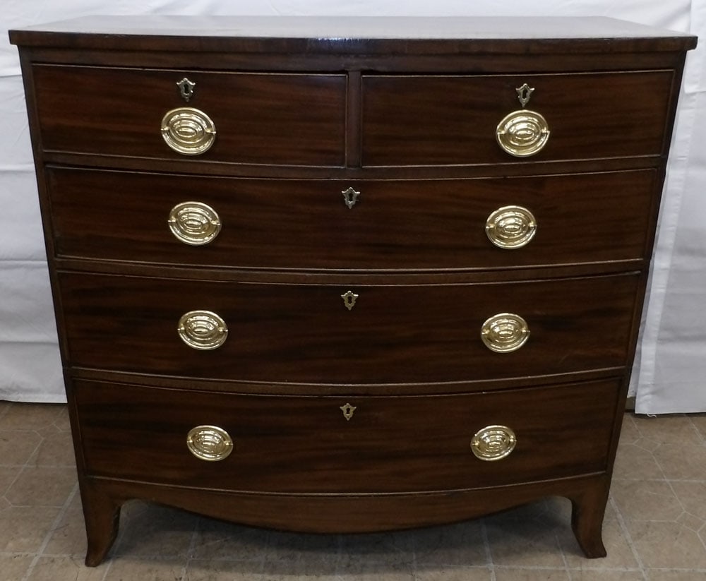 19th Century Mahogany Banded Top Two Over Three Bow Front Chest: 19th Century Mahogany Banded Top Two Over Three Bow Front Chest . 39 3/4" H 41" W 20" D