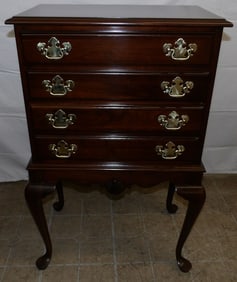Cherry Queen Anne Style Four Drawer Silver Chest with Brass Carrying Handles
