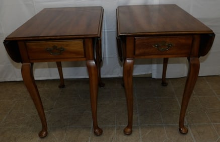 Pair of Cherry Queen Anne Style Drop Leaf Tables with One Drawer by Statton