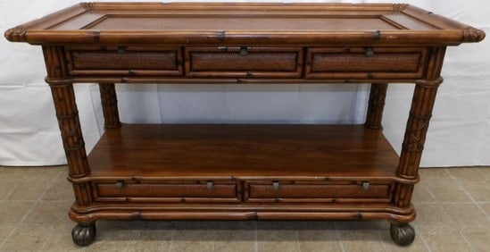 Carved Mahogany Faux Bamboo Two Tier Console with Cast Iron Feet